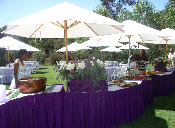 image of Outdoor event with purple skirts on banquet table